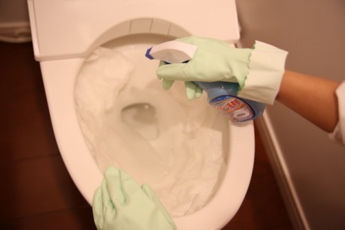 トイレットペーパーで作った湿布を敷き詰めて、泡で出るタイプのトイレ用洗剤をまんべんなくかける