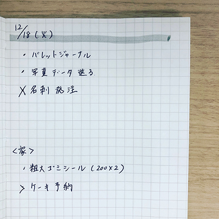 やることリストの例。「・」はタスク、「×」はタスク完了、「＞」はタスクの先送りを示します。
