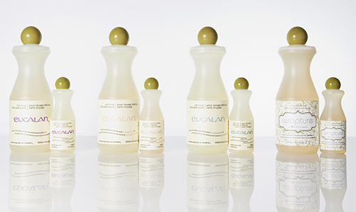 ランジェリー用洗剤として人気の「ユーカラン」（左から／ラベンダー、グレープフルーツ、ユーカリ、ジャスミン)）各￥2,000（500ml）・￥500（100ml）／栄進物産 