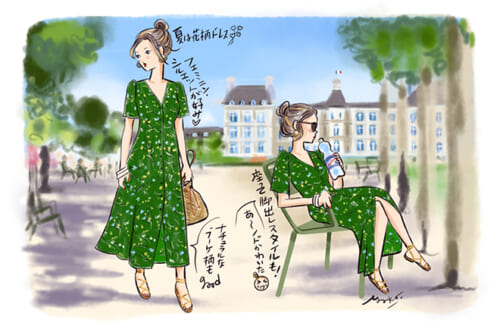 花柄ワンピを大人っぽく…甘くなりすぎないコツは胸元の “Vライン” 【パリ流ユニクロコーデ】